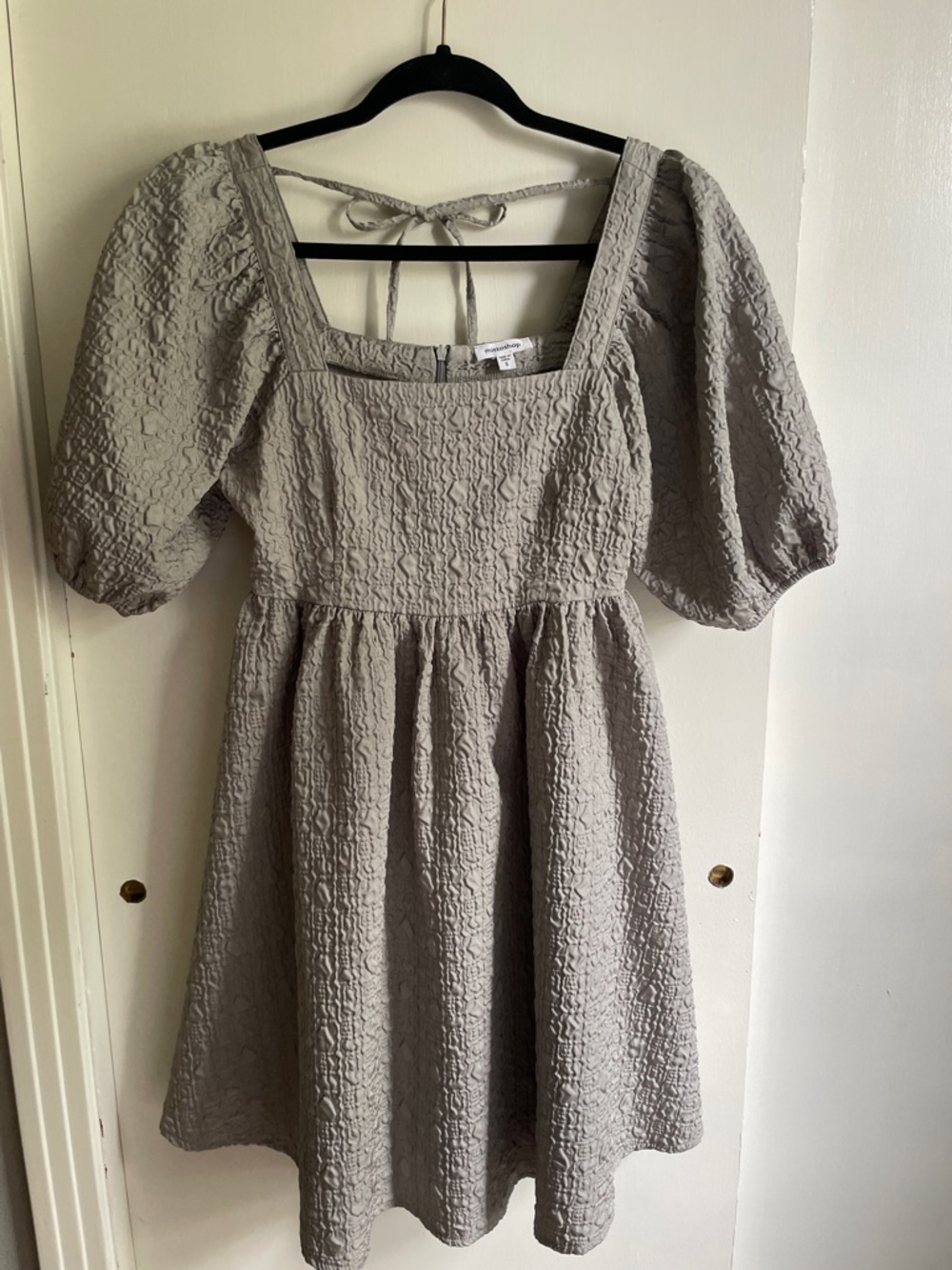 Textured Puff Sleeve Square Neck Mini Dress - Sage